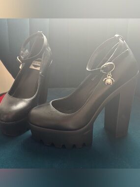 Chunky Black Platform Mary Jane Heels with Pearl Spider Ankle Charm